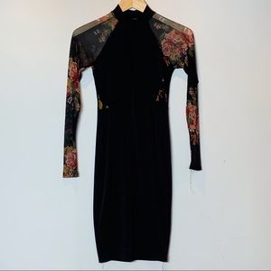 EUC French Atmosphere bodycon black dress with floral mesh sleeves keyhole neck‎